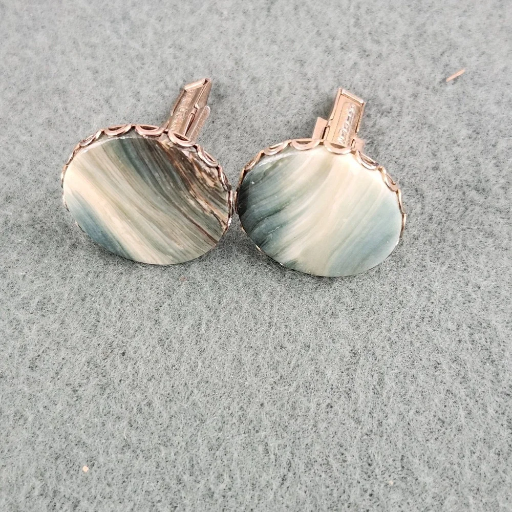 Vintage Gold Tone Blue Agate Stone Chunky Cuff Links Cufflinks